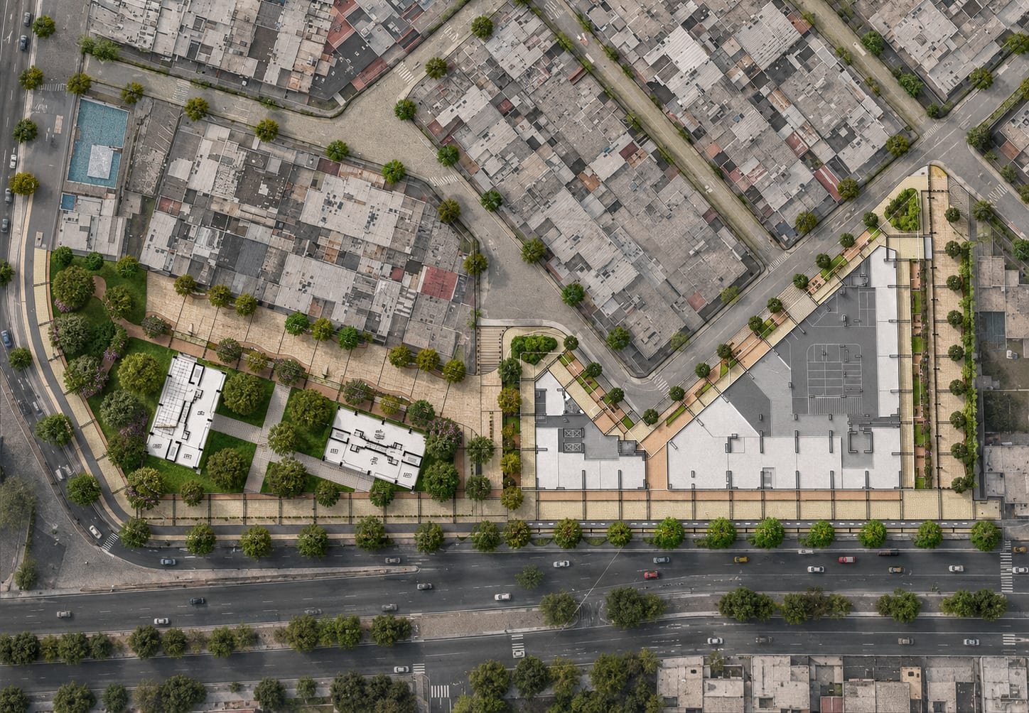 Planta urbana ambientada de El Polo: a la izquierda el parque de Polo Occidente, a la derecha el bloque de Polo Oriente
