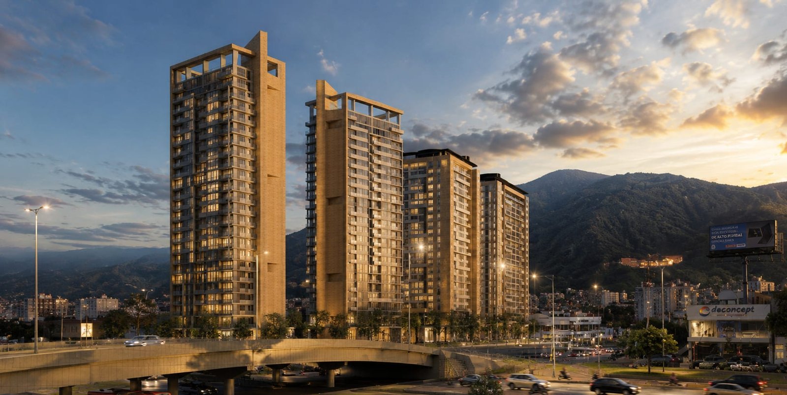 Render nocturno de las torres de El Polo sobre la Calle 80, con los cerros al fondo