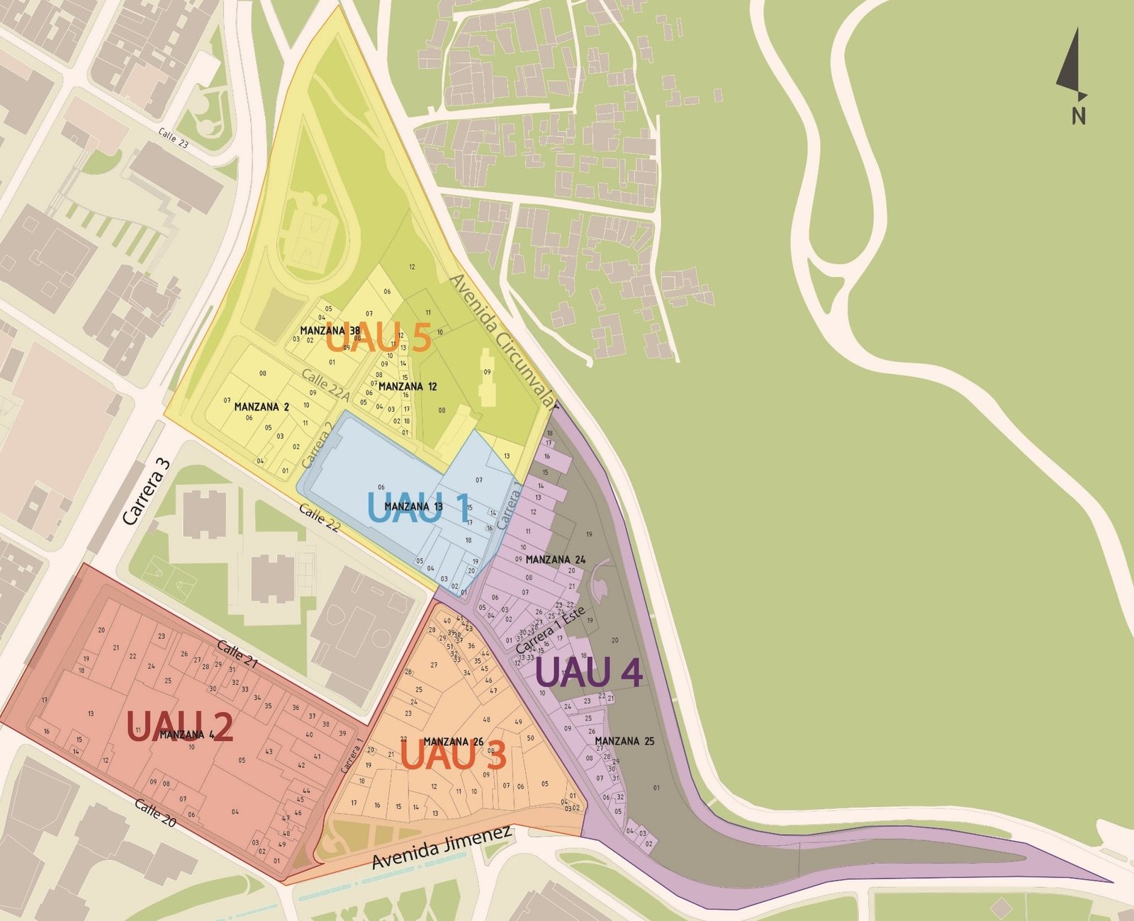 Plano urbano del Triángulo de Fenicia dividido en cinco Unidades de Actuación Urbanística