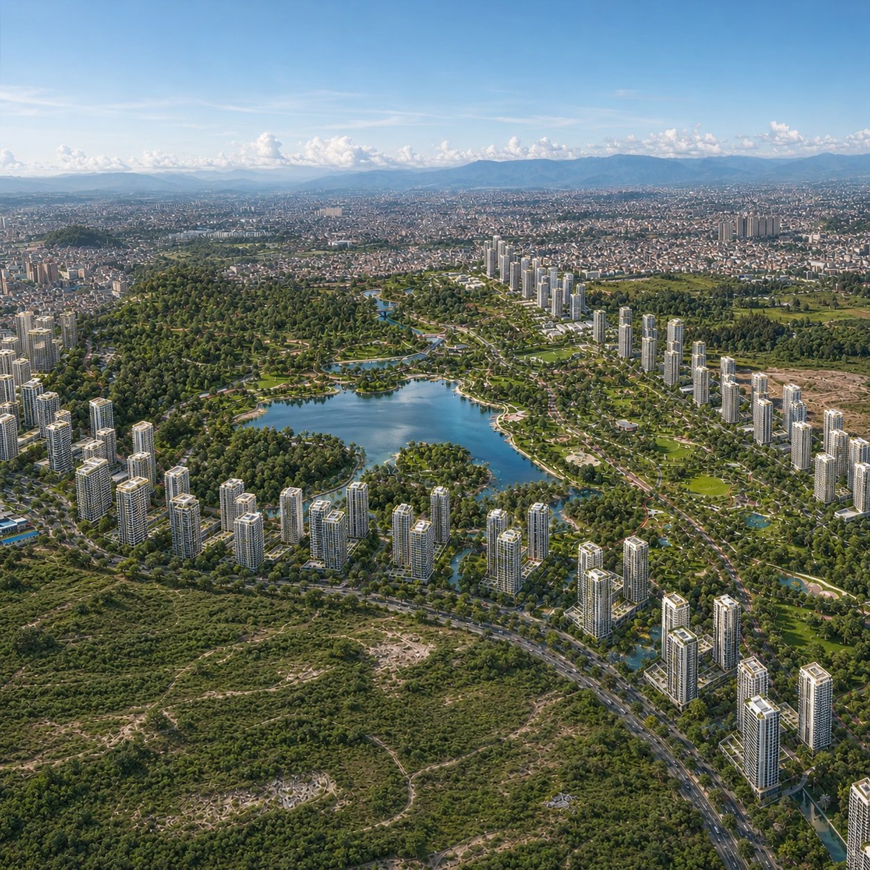 Vista aérea del conjunto sobre la cantera reverdecida