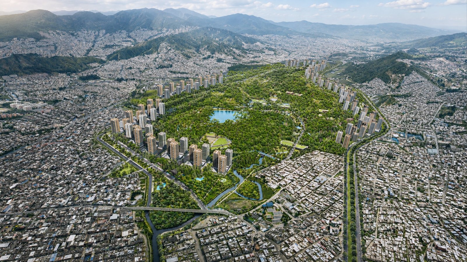 Vista aérea del escenario de desarrollo Reverdecer del Sur sobre la cantera del Tunjuelo