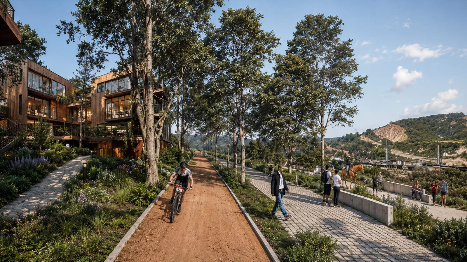 Alameda peatonal y de ciclistas entre la vivienda en madera y la cantera