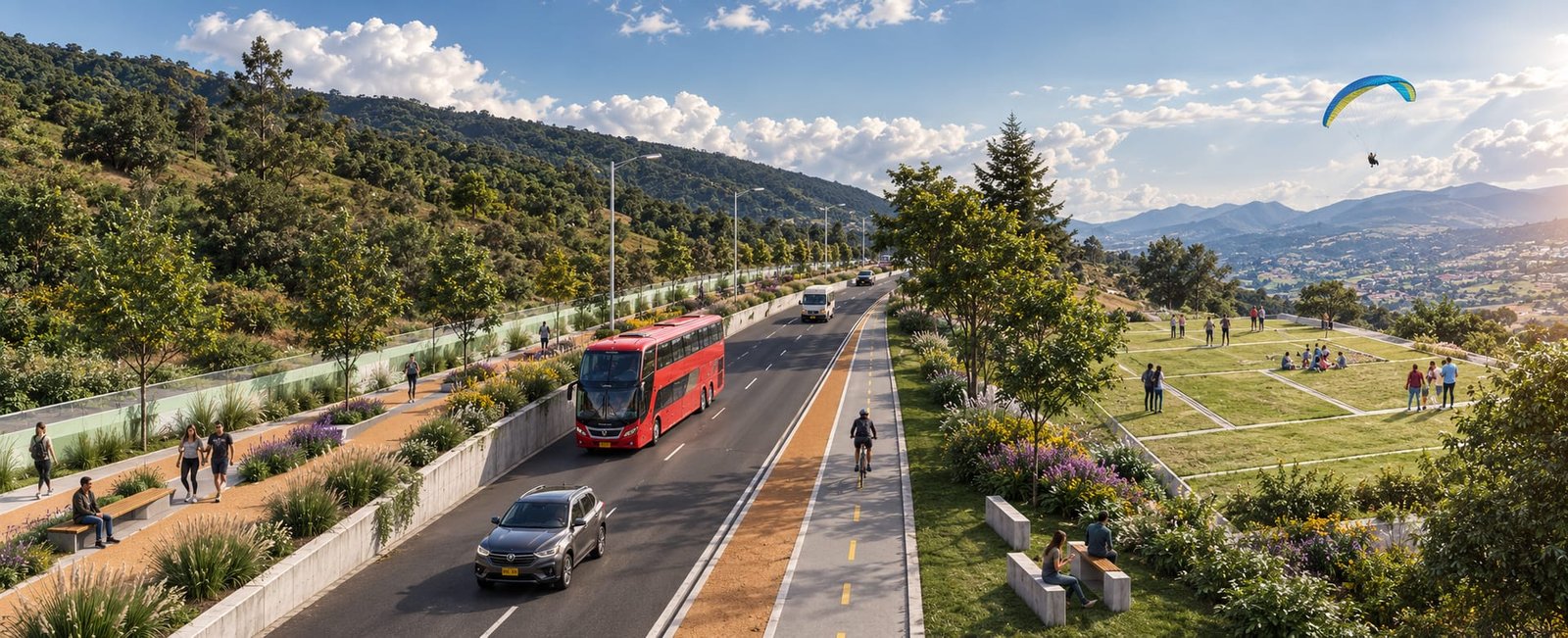 La vía-parque con transporte público, ciclorruta y miradores