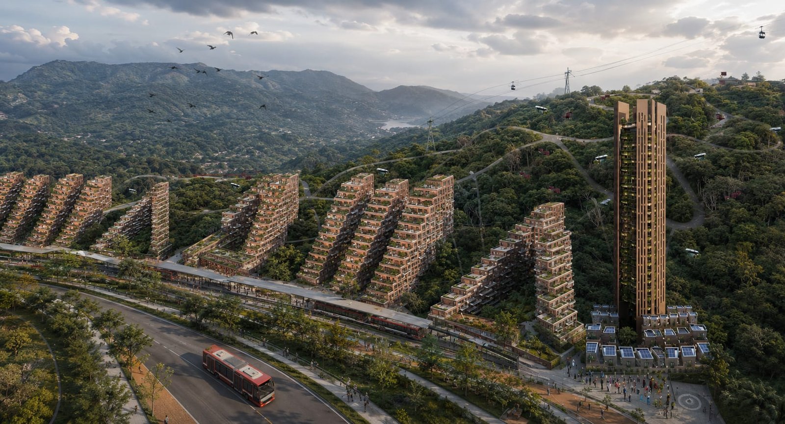 Vista aérea de la ladera de La Siberia con la vivienda escalonada, la torre multifamiliar y el cable aéreo entre la niebla
