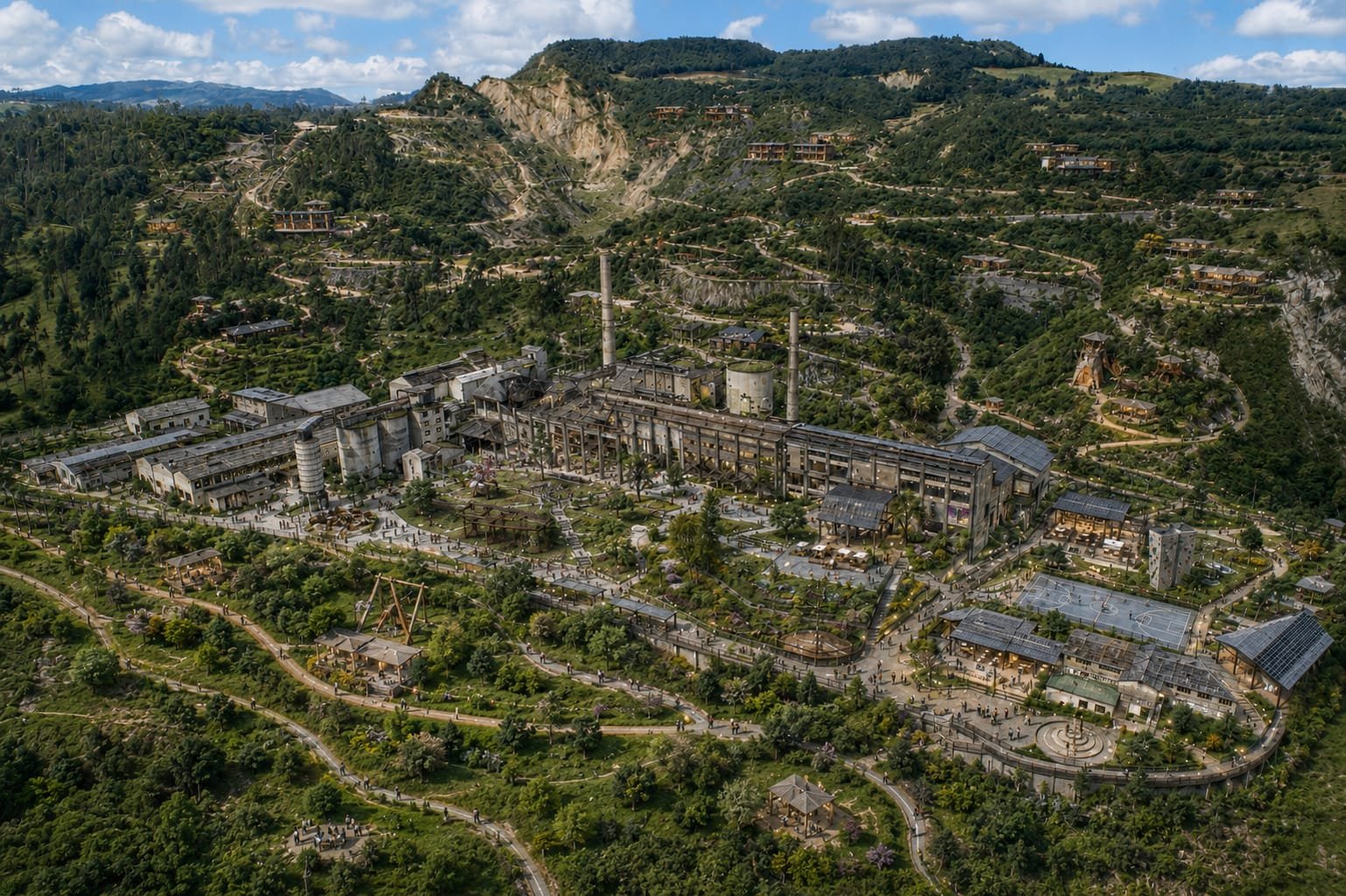 Vista aérea del parque cultural sobre la antigua planta de cemento