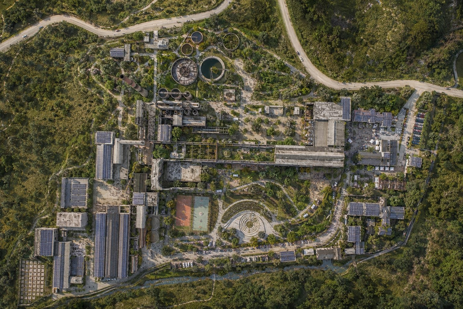 Vista cenital del vestigio industrial reciclado, con cubiertas solares y tanques recuperados