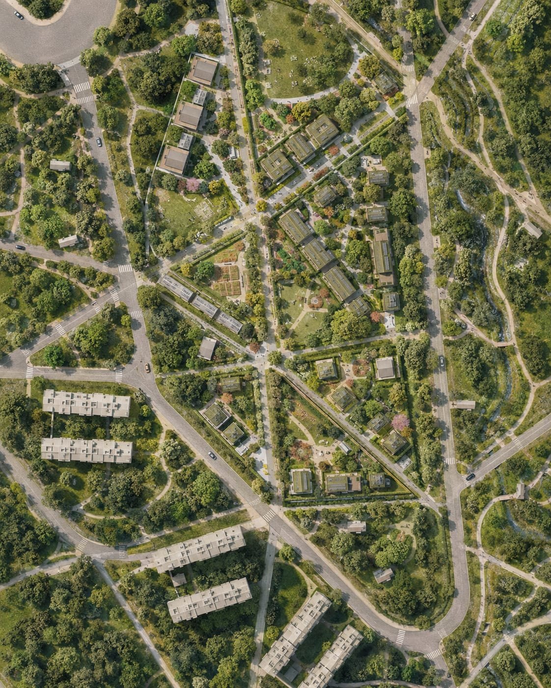 Planta de un barrio jardín con huertas y vivienda de baja altura