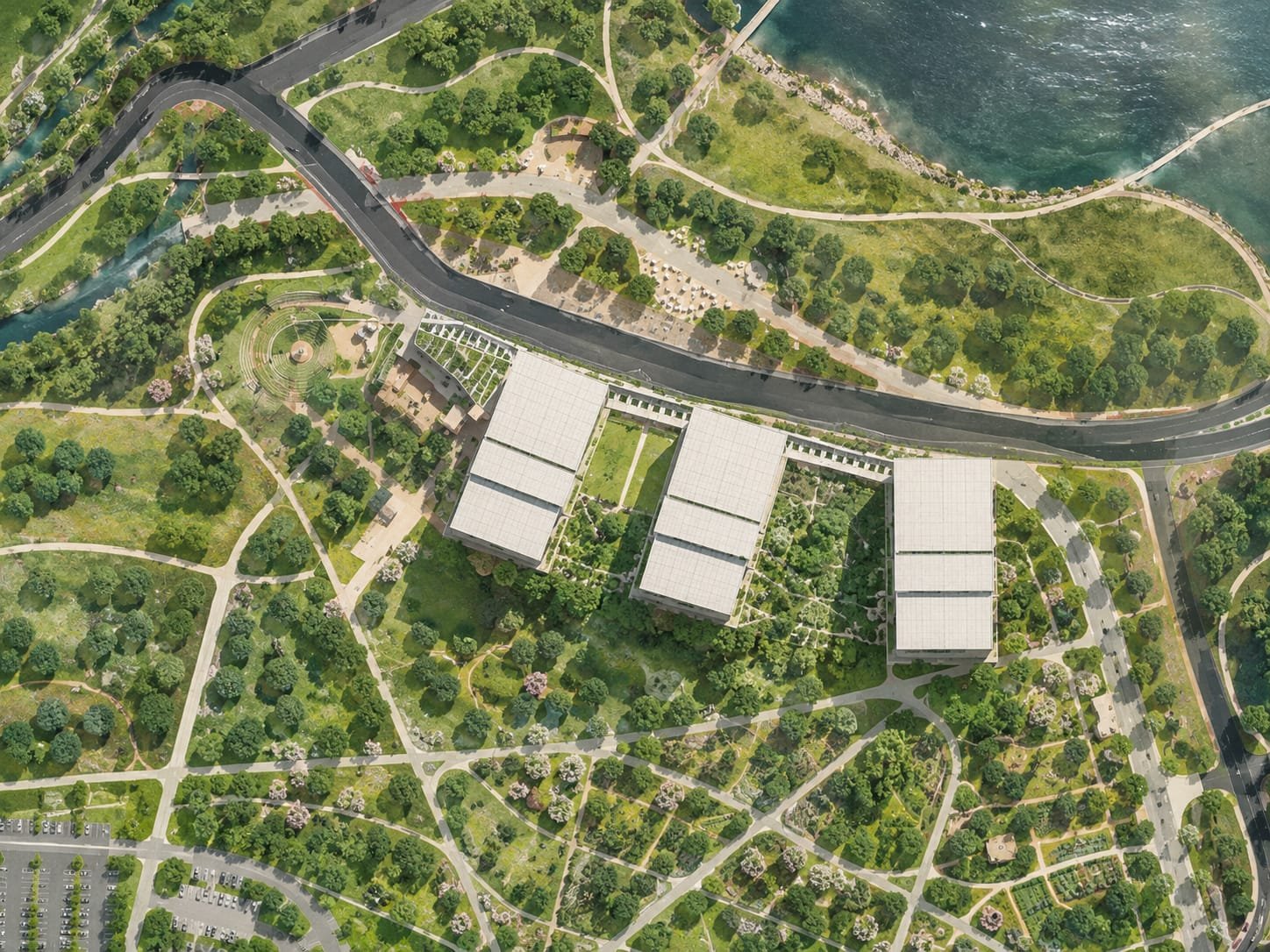 Planta de los equipamientos junto al cuerpo de agua
